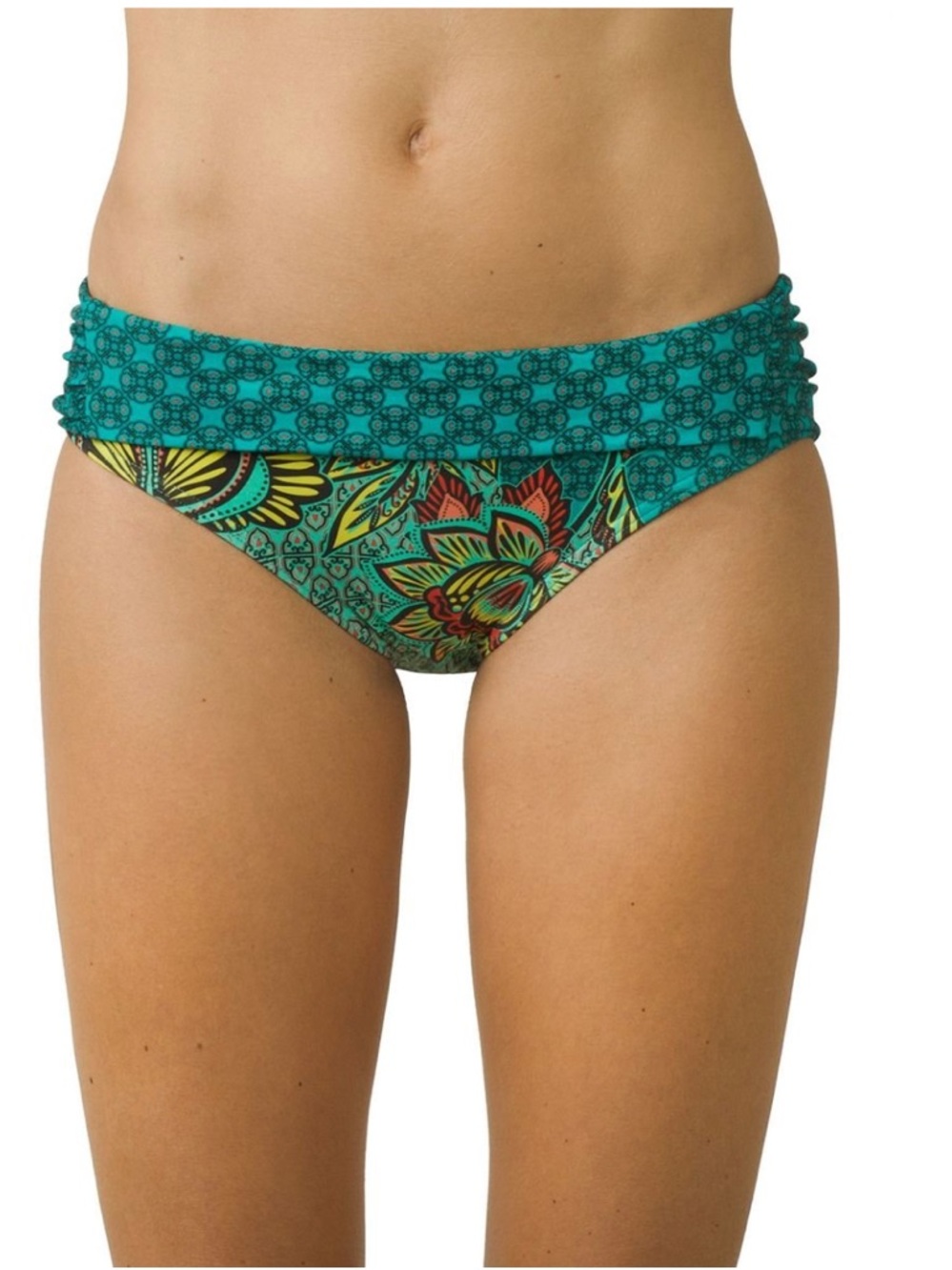 Prana Teal Floral Fold-Over Bikini Bottom with Multi-Color Print